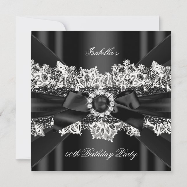 Convites Elegante Pérola Preta Laço de Renda Branco Festa d (Frente)