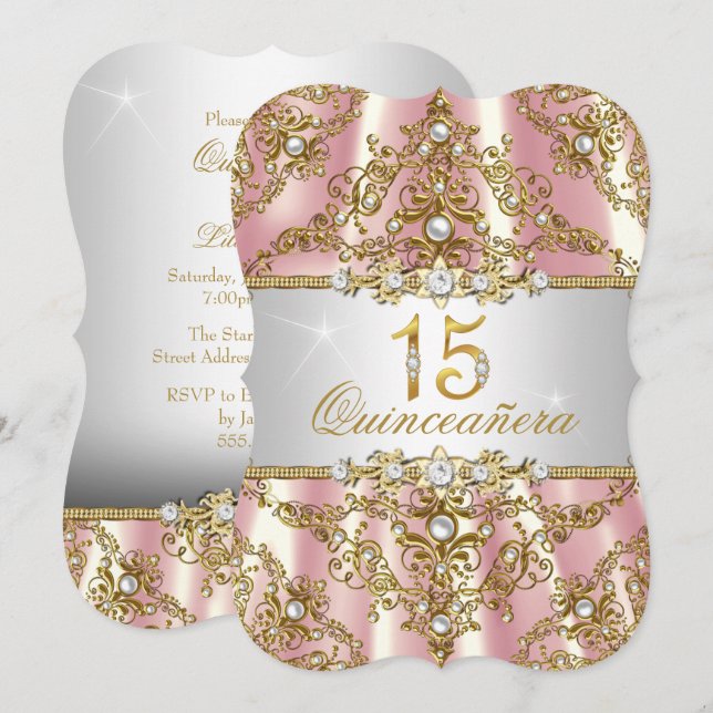 Convites Elegante Pérola Rosa Dourada Damask Quinceanera (Frente/Verso)