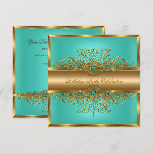 Convites Elegante Pérolas Verde Água e Jade Dourado Festa d