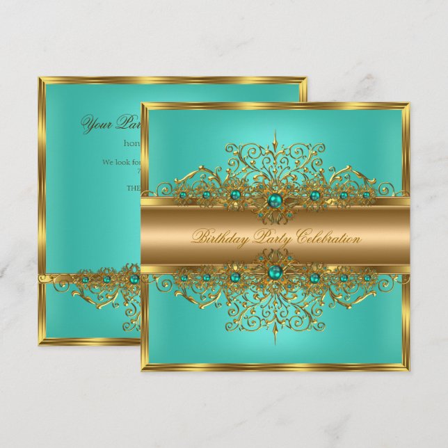 Convites Elegante Pérolas Verde Água e Jade Dourado Festa d (Frente/Verso)