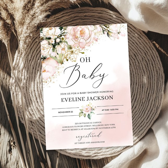 Convites Elegante pincel cor-de-rosa dourada floral oh chá  (Elegant blush pink floral gold girl oh baby shower invitation)