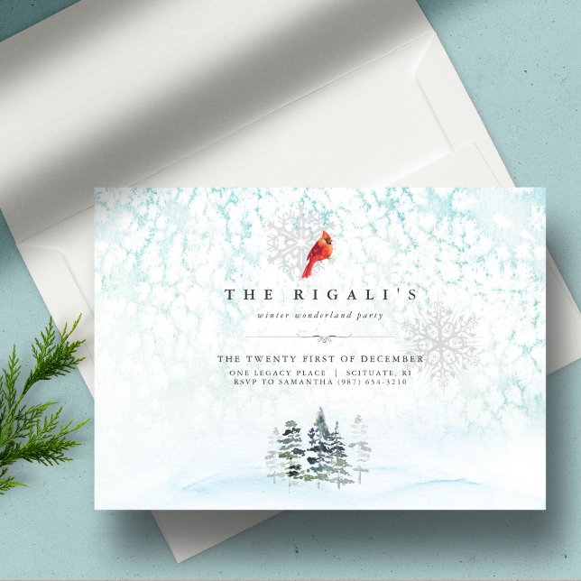 Convites Elegante Pinheiros de inverno Aquarela de Natal (Christmas invitations watercolor winter pine trees and cardinal blue snowy scene)