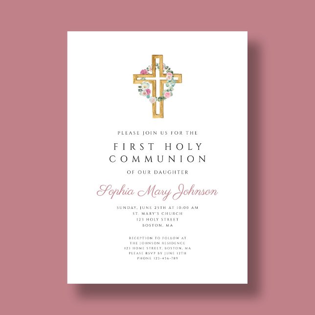 Convites Elegante Pink Floral Wreath Cross Primeira Comunhã (Elegant Pink Floral Wreath Cross First Communion Invitation)