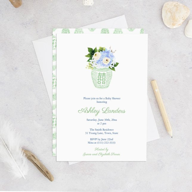 Convites Elegante Pistachio Branco Gênero Chá de fraldas ne (Gender Neutral Green And White Watercolor Floral Baby Shower Invitation)