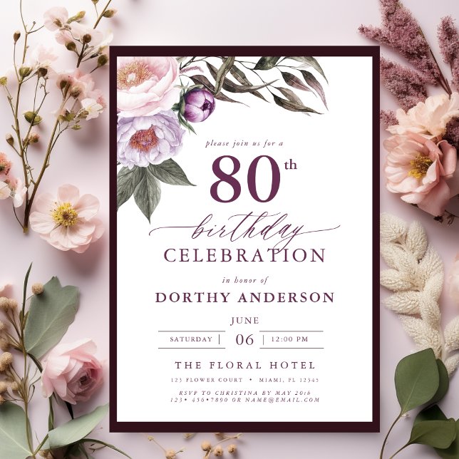 Convites Elegante Plum Purple Floral 80 Birthday (Criador carregado)