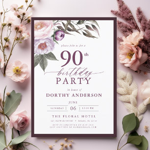 Convites Elegante Plum Purple Floral 90 Birthday