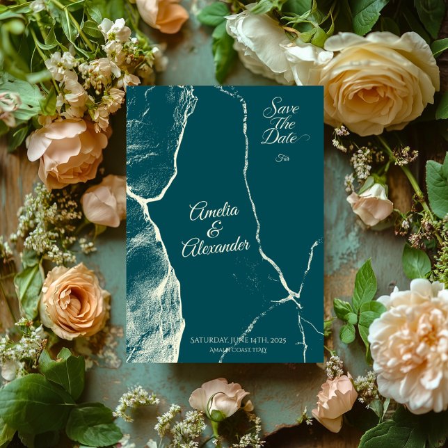 Convites Elegante Pó Azul e Creme Mármore Save the Date (Criador carregado)