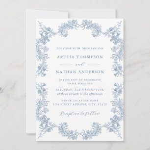 Convites Elegante Pó Azul Floral Vintage Casamento