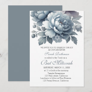 Convites Elegante Pó de Peônia Floral Azul Bat Mitzvah