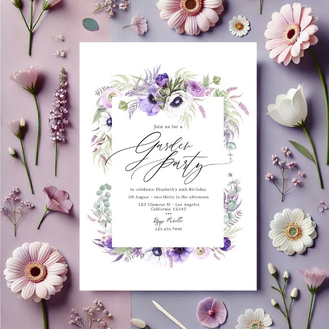 Convites Elegante Pó de Rosa Violeta Floral Festa de Jardim (Elegant Dusty Violet Floral Garden Party Invitation)