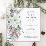 Convites Elegante Poinsettia Floral 60 de dezembro Aniversá<br><div class="desc">Com todas as vibrações festivas da época de Natal, este feriado de inverno, chamado design de 60ª festa de aniversário, apresenta um belo buquê em cascata de poinsetos brancos de aquarela e elementos florais vermelhos e verdes em um fundo branco limpo. Você pode editar a idade para qualquer idade, se...</div>