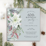 Convites Elegante Poinsettia Floral 60 de dezembro Aniversá<br><div class="desc">Com todas as vibrações festivas da época de Natal, este feriado de inverno, chamado design de 60ª festa de aniversário, apresenta um belo buquê em cascata de poinsetos brancos de aquarela e elementos florais vermelhos e verdes em um fundo azul empoeirado. Você pode editar a idade para qualquer idade, se...</div>