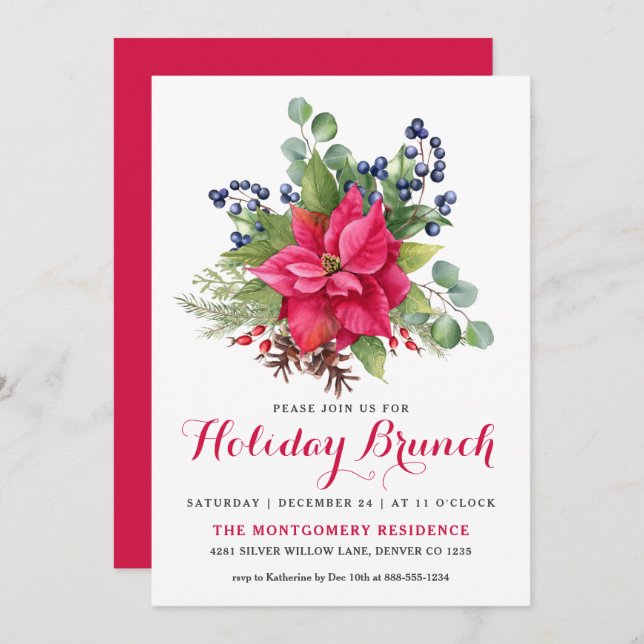 Convites Elegante Poinsettia Red Natal Brunay (Frente/Verso)