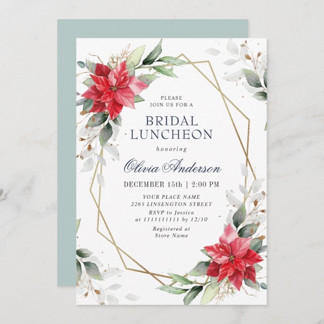 Convites Elegante Poinsettia Winter Greenery BRIDAL LUNCHEO (Frente/Verso)