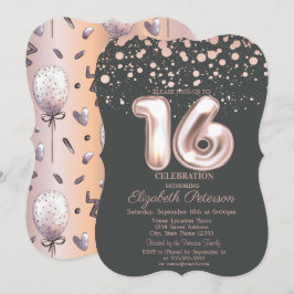Convites Elegante Ponto em Ouro Rosa, Balões Sweet 16