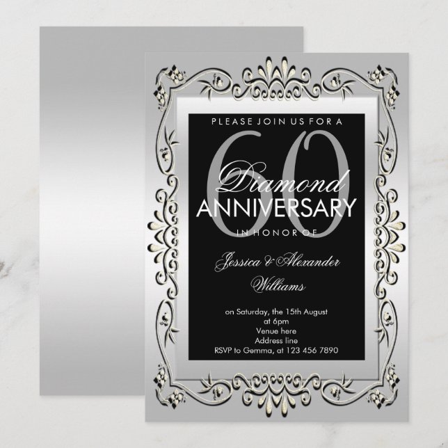 Convites Elegante Prata Decorativa de Aniversário de 60 Ano (Frente/Verso)