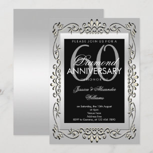 Convites Elegante Prata Decorativa de Aniversário de 60 Ano