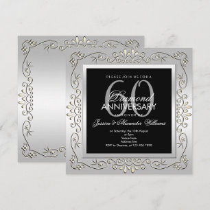 Convites Elegante Prata Decorativa de Aniversário de 60 Ano