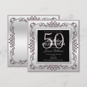 Convites Elegante Prata e Lilás para 50º Aniversário Femini