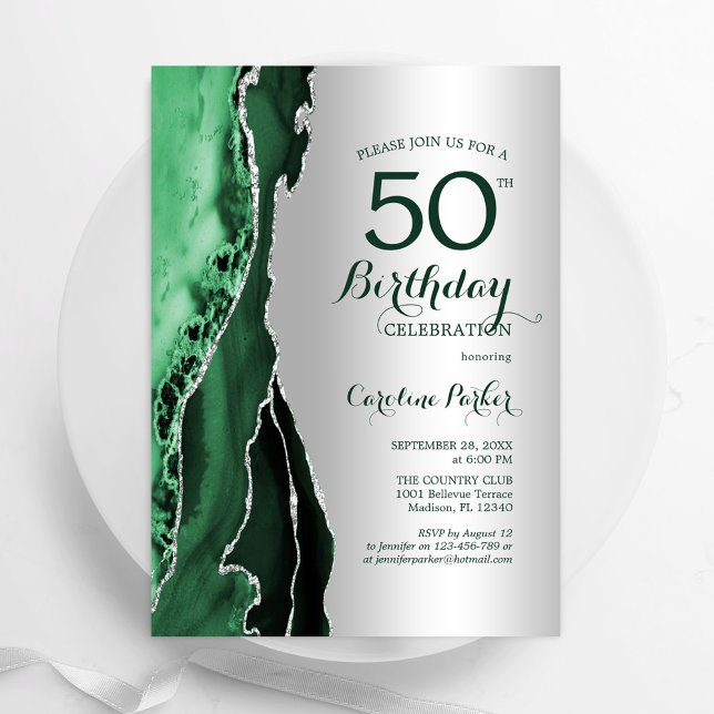 Convites Elegante Prata Emerald Green Agate 50º aniversário (Criador carregado)