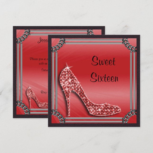 Convites Elegante Prata Enquadrada Red Stiletto Sweet 16 (Frente/Verso)