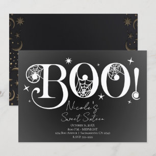 Convites Elegante Preto Branco BOO Mágico Halloween Doce 16