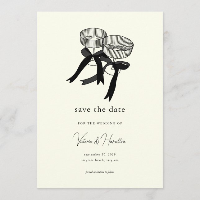 Convites Elegante Preto Branco Champagne Save the Date (Frente)