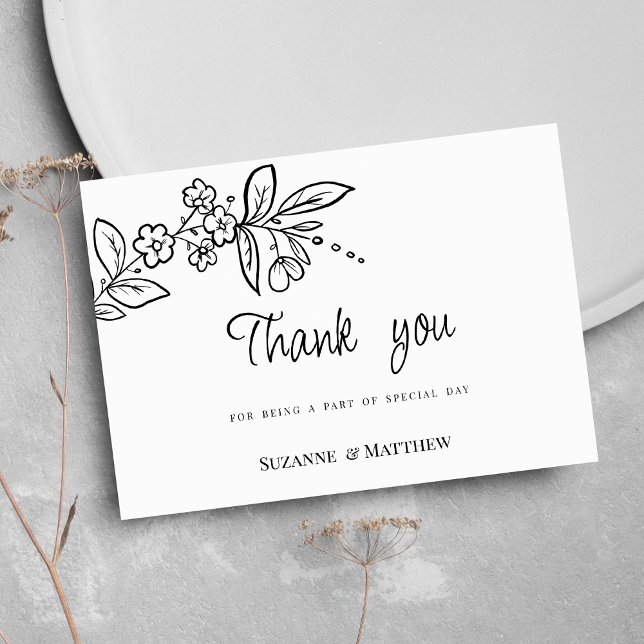 Convites Elegante preto branco simples floral Obrigado (Elegant black white simple floral Thank You )