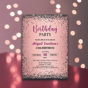 Convites Elegante Preto Brilho Metálico Rosa Aniversário de
