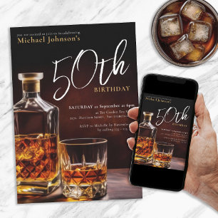 Convites Elegante preto Dourado 50º aniversário do Whiskey 