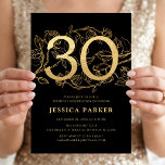 Convites Elegante Preto Dourado Aniversário de 30 anos<br><div class="desc">Convite de aniversário de 30 anos elegante dourado preto. Design feminino moderno personalizável com rosas acentos botânicos e dourado brilhante falso. Cartão de convite floral simples perfeito para uma celebração de aniversário feminina elegante. Personalize com seus próprios detalhes. Convites Zazzle impressos ou modelo digital para impressão instantânea.</div>