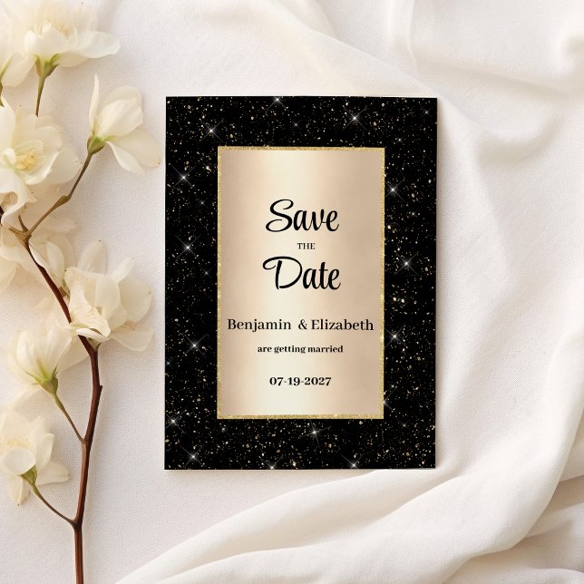 Convites Elegante preto dourado confetti Salvar a Data (Elegant black gold glitter confetti Save the Date)