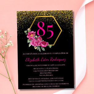 Convites Elegante Preto Dourado e Rosa Aniversário de 85 An