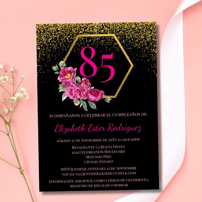 Convites Elegante Preto Dourado e Rosa Aniversário de 85 An (Criador carregado)
