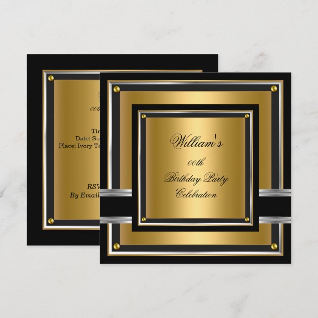 Convites Elegante Preto Dourado Prata Aniversário Festa Hom (Frente/Verso)