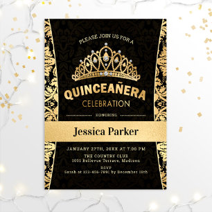 Convites Elegante Preto Dourado Quinceanera
