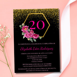 Convites Elegante Preto Dourado Rosa Aniversário de 20 Anos