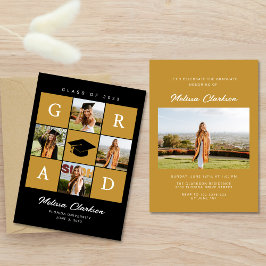 Convites Elegante Preto e Amarelo 4 Fotos de Formatura Grad