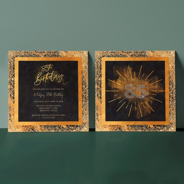 Convites Elegante preto e Dourada brilhante 85ª Festa de an (Front / Back)