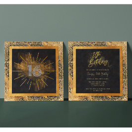 Convites Elegante Preto e Dourada Glitter 16ª Festa de aniv