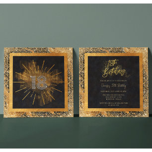 Convites Elegante Preto e Dourada Glitter 18ª Festa de aniv