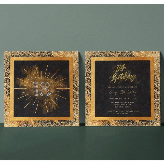 Convites Elegante Preto e Dourada Glitter 18ª Festa de aniv (Criador carregado)