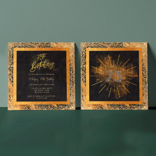 Convites Elegante Preto e Dourada Glitter 75ª Festa de aniv