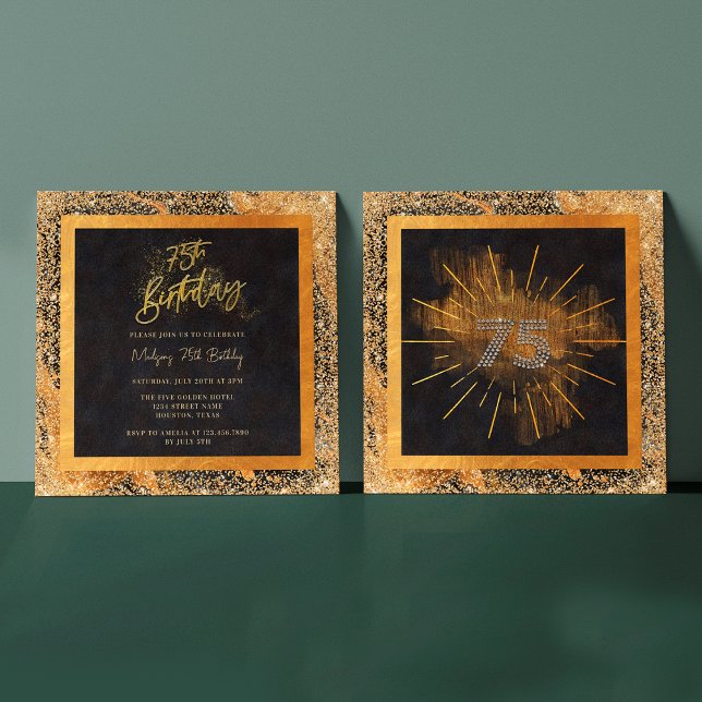 Convites Elegante Preto e Dourada Glitter 75ª Festa de aniv (Front / Back)