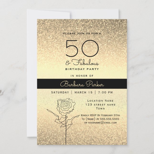Convites Elegante Preto e Dourado 50º Aniversário (Frente)