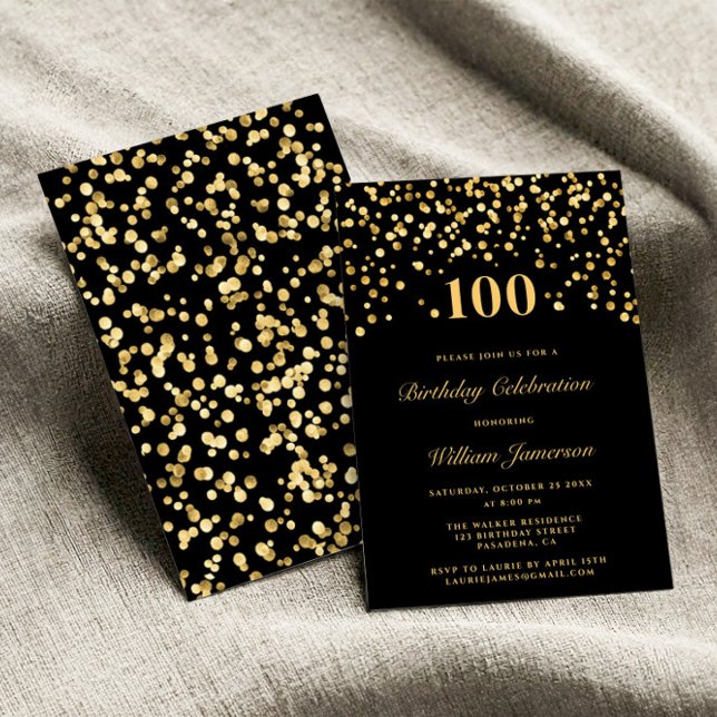 Convites Elegante Preto e Dourado Confetti 100h Aniversário (Criador carregado)