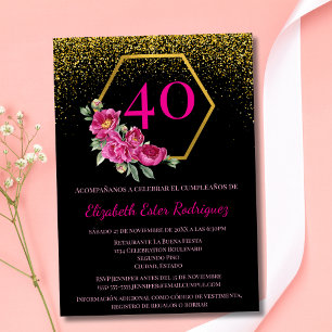 Convites Elegante Preto e Dourado Espanhol Aniversário de 4
