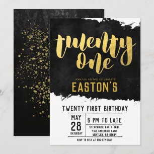 Convites Elegante Preto e Dourado Festa de 21º Aniversári