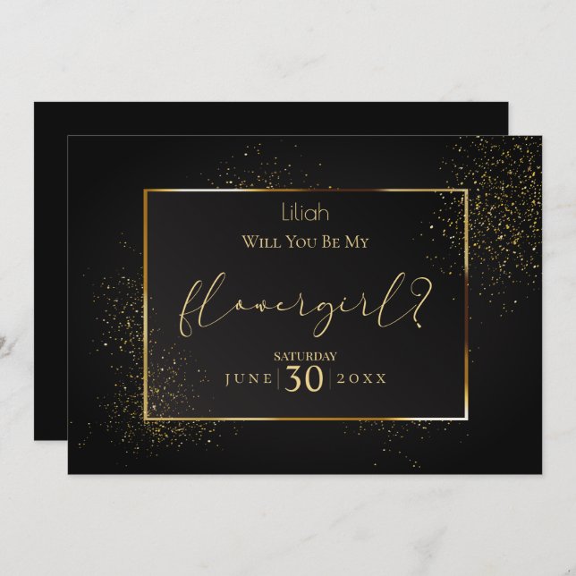 Convites Elegante Preto e Dourado  Você Será Minha Menina d (Frente/Verso)