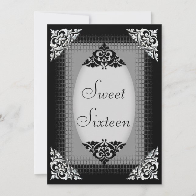 Convites Elegante Preto e Prata Sweet 16 (Frente)